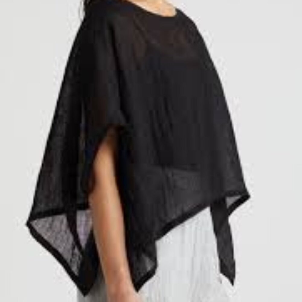 NWT Eileen Fisher Black Organic Linen Gauze Bateau Neck Poncho